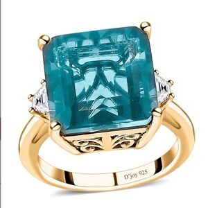 Asscher Cut Dean Teal Fluorite (IR) and White Topaz Ring New 925 Sterling Silver